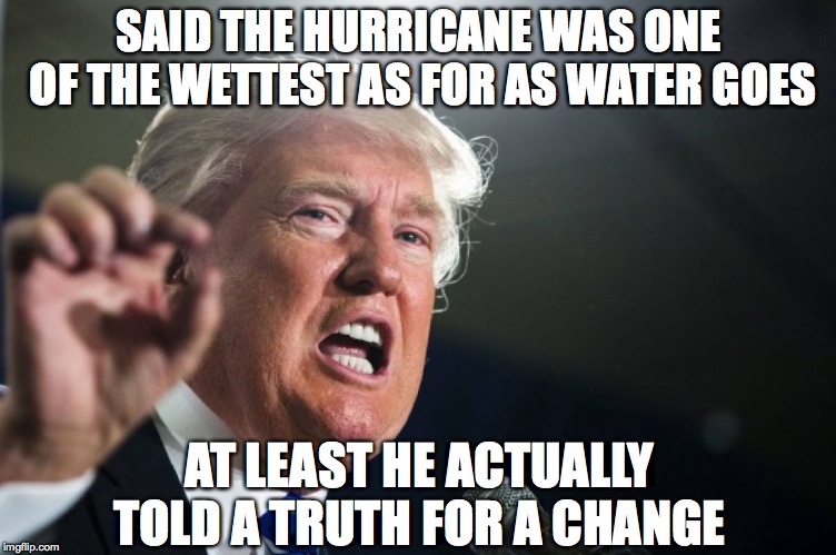 donald trump | SAID THE HURRICANE WAS ONE OF THE WETTEST AS FOR AS WATER GOES; AT LEAST HE ACTUALLY TOLD A TRUTH FOR A CHANGE | image tagged in donald trump | made w/ Imgflip meme maker