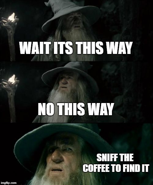 Confused Gandalf Meme | WAIT ITS THIS WAY; NO THIS WAY; SNIFF THE COFFEE TO FIND IT | image tagged in memes,confused gandalf | made w/ Imgflip meme maker