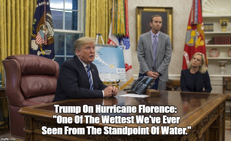 Trump Said Hurricane Florence Was "One Of The Wettest We've Ever Seen From The Standpoint Of Water" | Trump On Hurricane Florence: "One Of The Wettest We've Ever Seen From The Standpoint Of Water." | image tagged in trump,hurricane florence,one of the wettest,from the standpoint of water,donald dunce,dimwit donald | made w/ Imgflip meme maker
