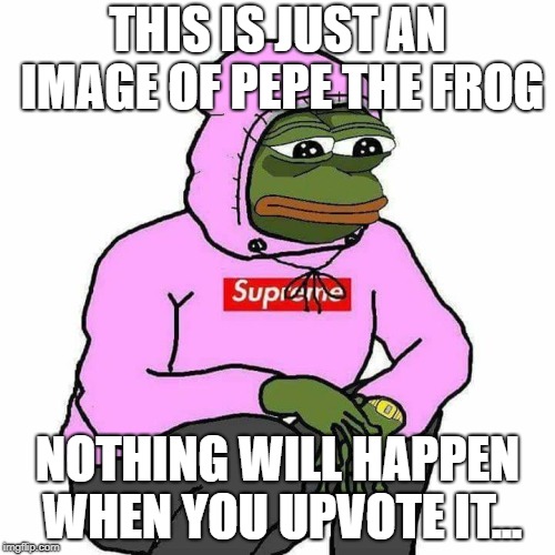 Nothing will happen
 | THIS IS JUST AN IMAGE OF PEPE THE FROG; NOTHING WILL HAPPEN WHEN YOU UPVOTE IT... | image tagged in pepe the frog,supreme | made w/ Imgflip meme maker