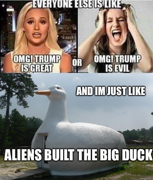 ALIENS BUILT THE BIG DUCK | AND IM JUST LIKE; ALIENS BUILT THE BIG DUCK | image tagged in memes,aliens,ancient aliens,big,duck,new york | made w/ Imgflip meme maker