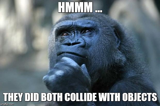 Deep Thoughts | HMMM ... THEY DID BOTH COLLIDE WITH OBJECTS | image tagged in thinking gorilla | made w/ Imgflip meme maker