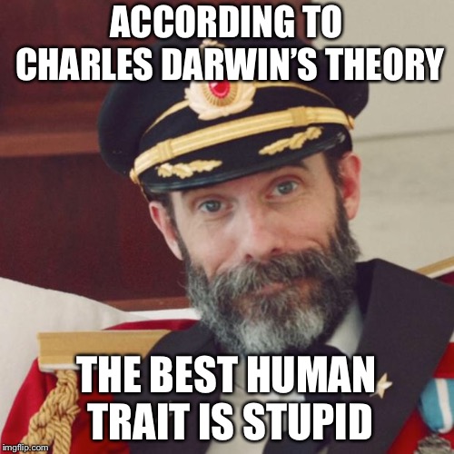 Captain Obvious | ACCORDING TO CHARLES DARWIN’S THEORY; THE BEST HUMAN TRAIT IS STUPID | image tagged in captain obvious,memes,evolution | made w/ Imgflip meme maker