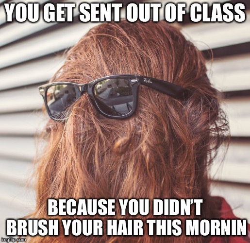 Hair Style problems | YOU GET SENT OUT OF CLASS; BECAUSE YOU DIDN’T BRUSH YOUR HAIR THIS MORNING | image tagged in bad hair day,presentation,pc principal | made w/ Imgflip meme maker