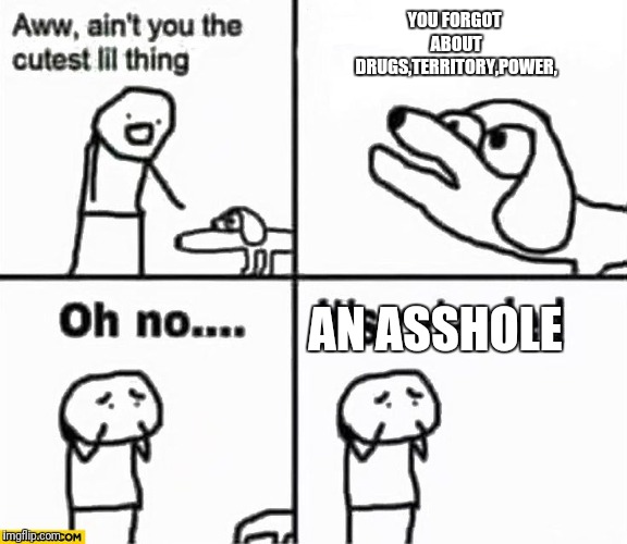 Oh no it's retarded! | YOU FORGOT ABOUT DRUGS,TERRITORY,POWER, AN ASSHOLE | image tagged in oh no it's retarded | made w/ Imgflip meme maker