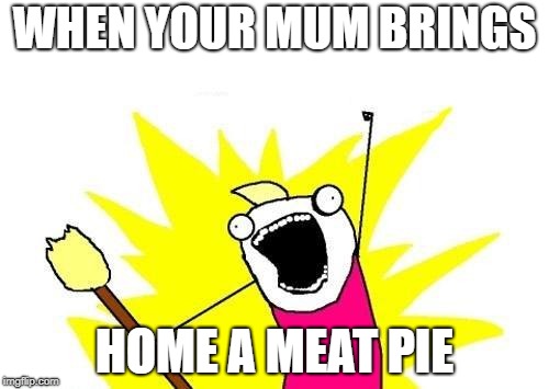 X All The Y | WHEN YOUR MUM BRINGS; HOME A MEAT PIE | image tagged in memes,x all the y | made w/ Imgflip meme maker