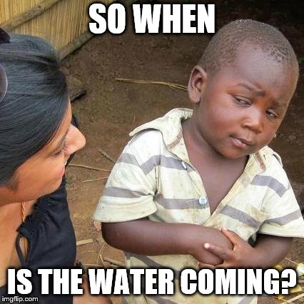 Third World Skeptical Kid | SO WHEN; IS THE WATER COMING? | image tagged in memes,third world skeptical kid | made w/ Imgflip meme maker