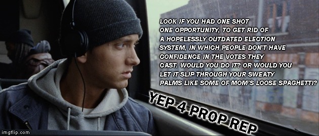 Eminem | LOOK IF YOU HAD ONE SHOT ONE OPPORTUNITY, TO GET RID OF A HOPELESSLY OUTDATED ELECTION SYSTEM, IN WHICH PEOPLE DON'T HAVE CONFIDENCE IN THE VOTES THEY CAST. WOULD YOU DO IT? OR WOULD YOU LET IT SLIP THROUGH YOUR SWEATY PALMS LIKE SOME OF MOM’S LOOSE SPAGHETTI? YEP 4 PROP REP | image tagged in eminem | made w/ Imgflip meme maker