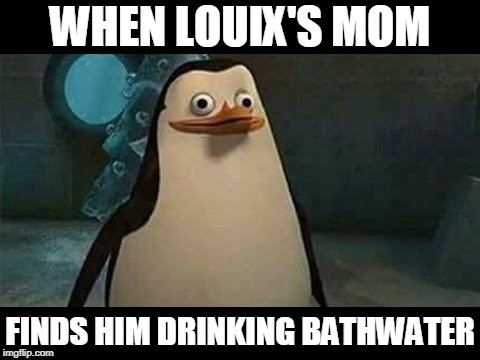Confused penguin | WHEN LOUIX'S MOM; FINDS HIM DRINKING BATHWATER | image tagged in confused penguin | made w/ Imgflip meme maker