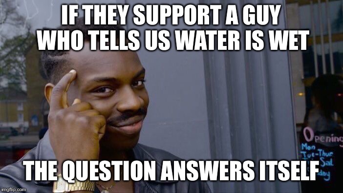 Roll Safe Think About It Meme | IF THEY SUPPORT A GUY WHO TELLS US WATER IS WET THE QUESTION ANSWERS ITSELF | image tagged in memes,roll safe think about it | made w/ Imgflip meme maker