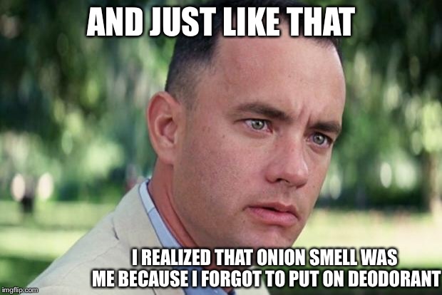 How you like my pheromones? It’s 90 degrees  how did I forget that?! | AND JUST LIKE THAT; I REALIZED THAT ONION SMELL WAS ME BECAUSE I FORGOT TO PUT ON DEODORANT | image tagged in forrest gump,stinky,onions,glad i dont have balls,hot,memes | made w/ Imgflip meme maker