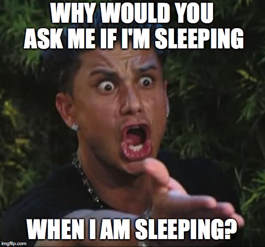 DJ Pauly D Meme | WHY WOULD YOU ASK ME IF I'M SLEEPING; WHEN I AM SLEEPING? | image tagged in memes,dj pauly d | made w/ Imgflip meme maker