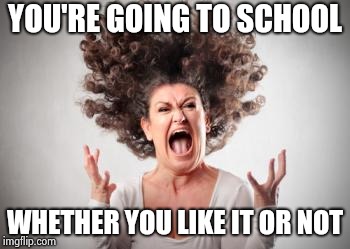 Angry mom | YOU'RE GOING TO SCHOOL WHETHER YOU LIKE IT OR NOT | image tagged in angry mom | made w/ Imgflip meme maker