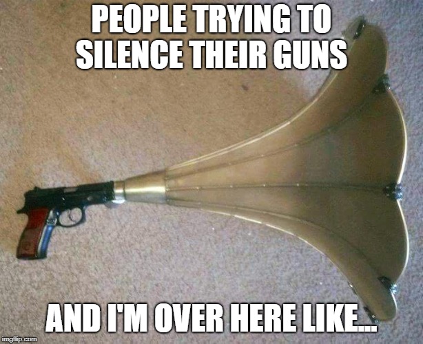 When you got a pop gun but want the neighbors to think it's a 50 cal | PEOPLE TRYING TO SILENCE THEIR GUNS; AND I'M OVER HERE LIKE... | image tagged in gun control,guns,funny memes | made w/ Imgflip meme maker