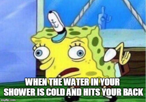 Mocking Spongebob | WHEN THE WATER IN YOUR SHOWER IS COLD AND HITS YOUR BACK | image tagged in memes,mocking spongebob | made w/ Imgflip meme maker