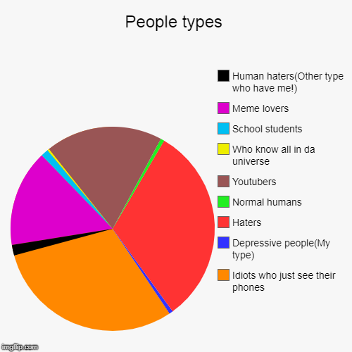 People types | Idiots who just see their phones, Depressive people(My type), Haters, Normal humans, Youtubers, Who know all in da universe,  | image tagged in funny,pie charts | made w/ Imgflip chart maker