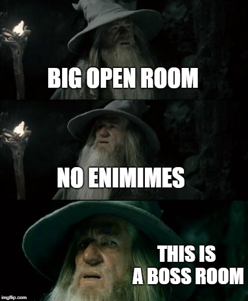 Confused Gandalf | BIG OPEN ROOM; NO ENIMIMES; THIS IS A BOSS ROOM | image tagged in memes,confused gandalf | made w/ Imgflip meme maker
