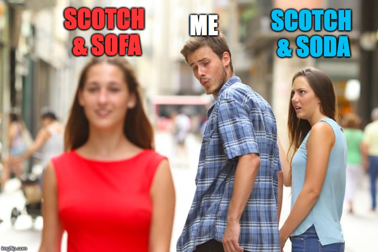 That's Right... | ME; SCOTCH & SOFA; SCOTCH & SODA | image tagged in memes,distracted boyfriend,booze | made w/ Imgflip meme maker