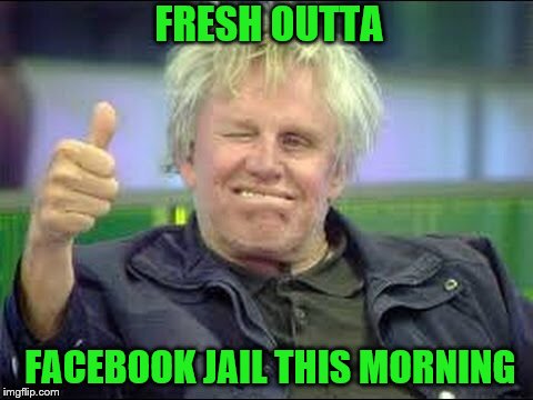 Gary Busey approves | FRESH OUTTA; FACEBOOK JAIL THIS MORNING | image tagged in gary busey approves,facebook jail | made w/ Imgflip meme maker
