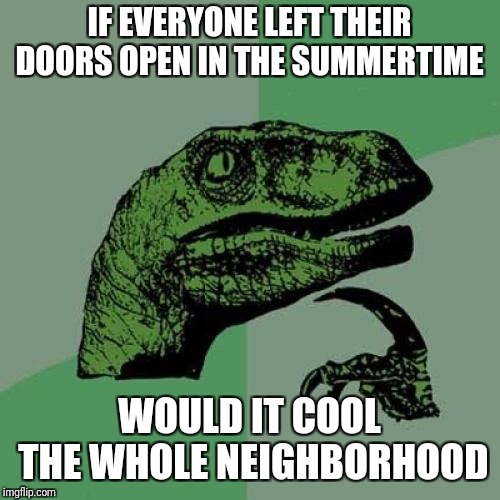 Philosoraptor | IF EVERYONE LEFT THEIR DOORS OPEN IN THE SUMMERTIME; WOULD IT COOL THE WHOLE NEIGHBORHOOD | image tagged in memes,philosoraptor,parents,summer,air conditioner,neighbors | made w/ Imgflip meme maker