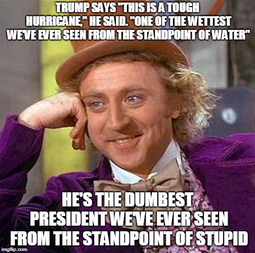 Creepy Condescending Wonka Meme | TRUMP SAYS "THIS IS A TOUGH HURRICANE," HE SAID. "ONE OF THE WETTEST WE'VE EVER SEEN FROM THE STANDPOINT OF WATER"; HE'S THE DUMBEST PRESIDENT WE'VE EVER SEEN FROM THE STANDPOINT OF STUPID | image tagged in memes,creepy condescending wonka | made w/ Imgflip meme maker