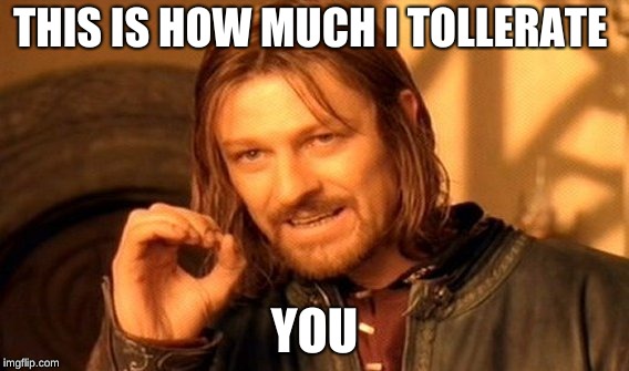One Does Not Simply Meme | THIS IS HOW MUCH I TOLLERATE; YOU | image tagged in memes,one does not simply | made w/ Imgflip meme maker