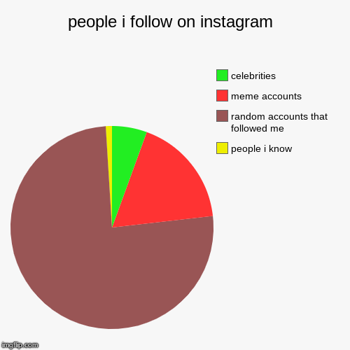 people i follow on instagram  | people i know, random accounts that followed me, meme accounts, celebrities | image tagged in funny,pie charts | made w/ Imgflip chart maker