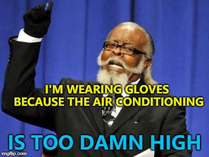 Or the heating is too damn low... :) | I'M WEARING GLOVES BECAUSE THE AIR CONDITIONING; IS TOO DAMN HIGH | image tagged in memes,too damn high,air conditioner | made w/ Imgflip meme maker