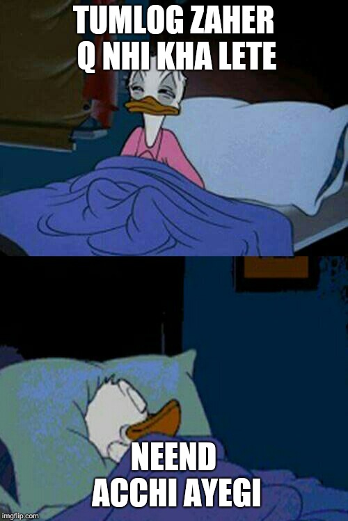 sleepy donald duck in bed | TUMLOG ZAHER Q NHI KHA LETE; NEEND ACCHI AYEGI | image tagged in sleepy donald duck in bed | made w/ Imgflip meme maker