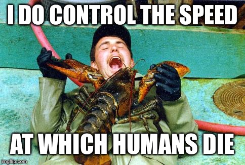 Lobster | I DO CONTROL THE SPEED; AT WHICH HUMANS DIE | image tagged in lobster | made w/ Imgflip meme maker