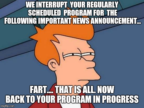 Futurama Fry | WE INTERRUPT  YOUR REGULARLY SCHEDULED  PROGRAM FOR  THE FOLLOWING IMPORTANT NEWS ANNOUNCEMENT... FART.... THAT IS ALL. NOW BACK TO YOUR PROGRAM IN PROGRESS | image tagged in memes,futurama fry | made w/ Imgflip meme maker