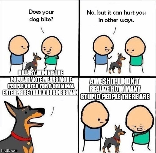 does your dog bite | AWE SHIT, I DIDN'T REALIZE HOW MANY STUPID PEOPLE THERE ARE; HILLARY WINING THE POPULAR VOTE MEANS MORE PEOPLE VOTED FOR A CRIMINAL ENTERPRISE THAN A BUSINESSMAN | image tagged in does your dog bite | made w/ Imgflip meme maker