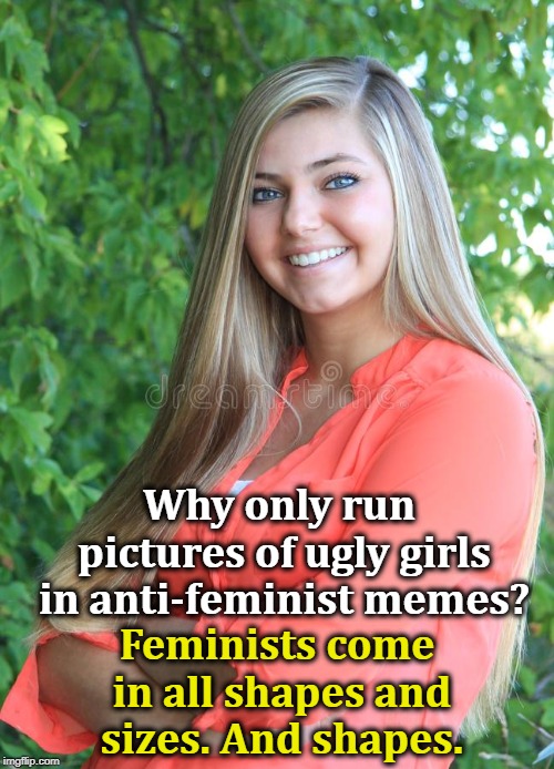 , | Why only run pictures of ugly girls in anti-feminist memes? Feminists come in all shapes and sizes. And shapes. | image tagged in girls,feminist,ugly,pretty,triggered feminist | made w/ Imgflip meme maker