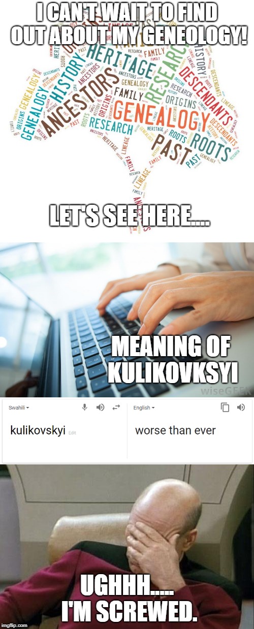 What does your family name mean? | I CAN'T WAIT TO FIND OUT ABOUT MY GENEOLOGY! LET'S SEE HERE.... MEANING OF KULIKOVKSYI; UGHHH..... I'M SCREWED. | image tagged in what's in a name | made w/ Imgflip meme maker