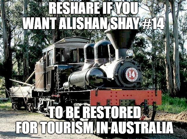 RESHARE IF YOU WANT ALISHAN SHAY #14; TO BE RESTORED FOR TOURISM IN AUSTRALIA | image tagged in train | made w/ Imgflip meme maker