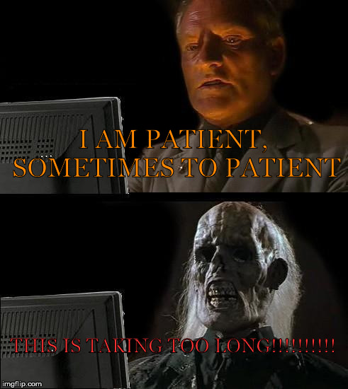 stuped
 | I AM PATIENT, SOMETIMES TO PATIENT; THIS IS TAKING TOO LONG!!!!!!!!!! | image tagged in memes,ill just wait here | made w/ Imgflip meme maker