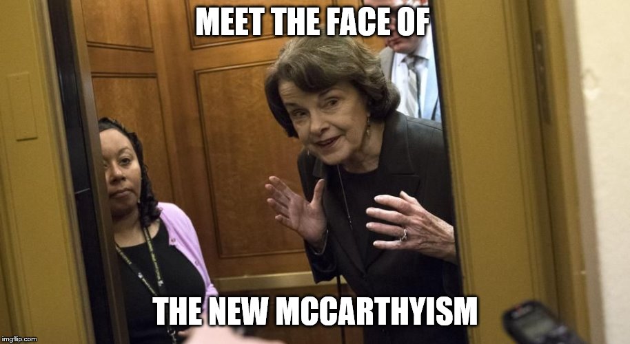 Sneaky Diane Feinstein | MEET THE FACE OF; THE NEW MCCARTHYISM | image tagged in sneaky diane feinstein | made w/ Imgflip meme maker