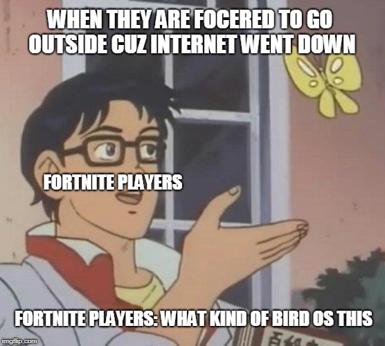 Is This A Pigeon Meme | WHEN THEY ARE FOCERED TO GO OUTSIDE CUZ INTERNET WENT DOWN; FORTNITE PLAYERS; FORTNITE PLAYERS: WHAT KIND OF BIRD OS THIS | image tagged in memes,is this a pigeon | made w/ Imgflip meme maker