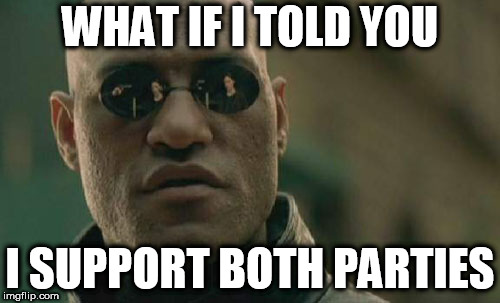Matrix Morpheus Meme | WHAT IF I TOLD YOU; I SUPPORT BOTH PARTIES | image tagged in memes,matrix morpheus,democratic party,republican party,neutral,neutrality | made w/ Imgflip meme maker