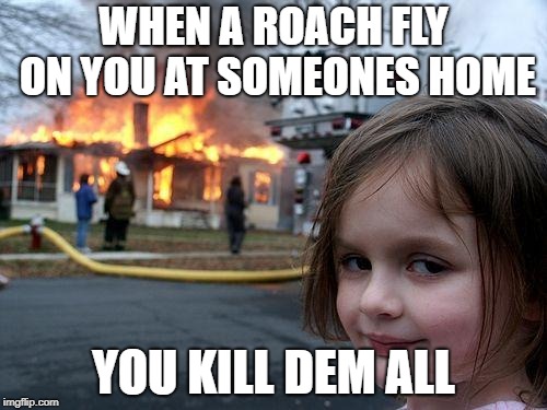 Disaster Girl | WHEN A ROACH FLY ON YOU AT SOMEONES HOME; YOU KILL DEM ALL | image tagged in memes,disaster girl | made w/ Imgflip meme maker