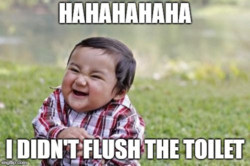 Evil Toddler | HAHAHAHAHA; I DIDN'T FLUSH THE TOILET | image tagged in memes,evil toddler | made w/ Imgflip meme maker