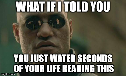 Matrix Morpheus | WHAT IF I TOLD YOU; YOU JUST WATED SECONDS OF YOUR LIFE READING THIS | image tagged in memes,matrix morpheus | made w/ Imgflip meme maker