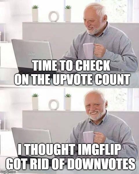 Not For Harold | TIME TO CHECK ON THE UPVOTE COUNT; I THOUGHT IMGFLIP GOT RID OF DOWNVOTES | image tagged in memes,hide the pain harold,imgflip | made w/ Imgflip meme maker