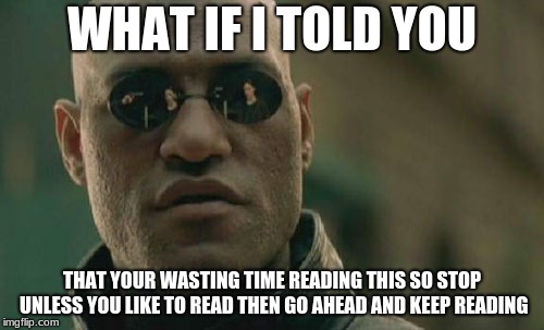 Matrix Morpheus | WHAT IF I TOLD YOU; THAT YOUR WASTING TIME READING THIS SO STOP UNLESS YOU LIKE TO READ THEN GO AHEAD AND KEEP READING | image tagged in memes,matrix morpheus | made w/ Imgflip meme maker