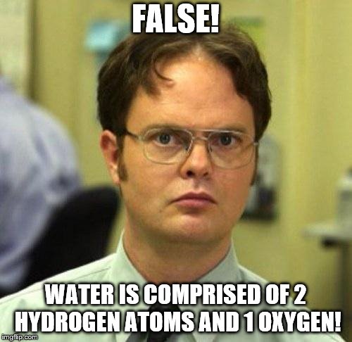 False | FALSE! WATER IS COMPRISED OF 2 HYDROGEN ATOMS AND 1 OXYGEN! | image tagged in false | made w/ Imgflip meme maker