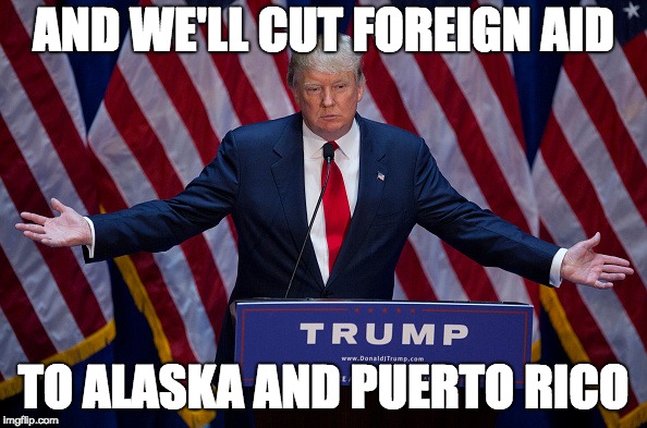 Donald Trump | AND WE'LL CUT FOREIGN AID; TO ALASKA AND PUERTO RICO | image tagged in donald trump | made w/ Imgflip meme maker