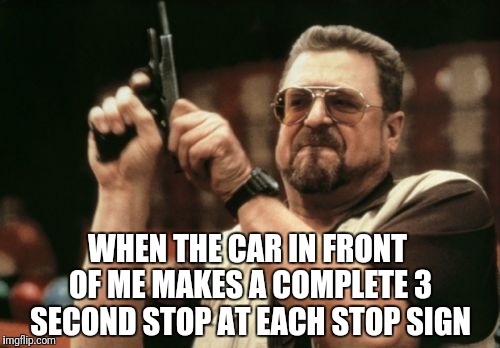 Am I The Only One Around Here Meme | WHEN THE CAR IN FRONT OF ME MAKES A COMPLETE 3 SECOND STOP AT EACH STOP SIGN | image tagged in memes,am i the only one around here | made w/ Imgflip meme maker