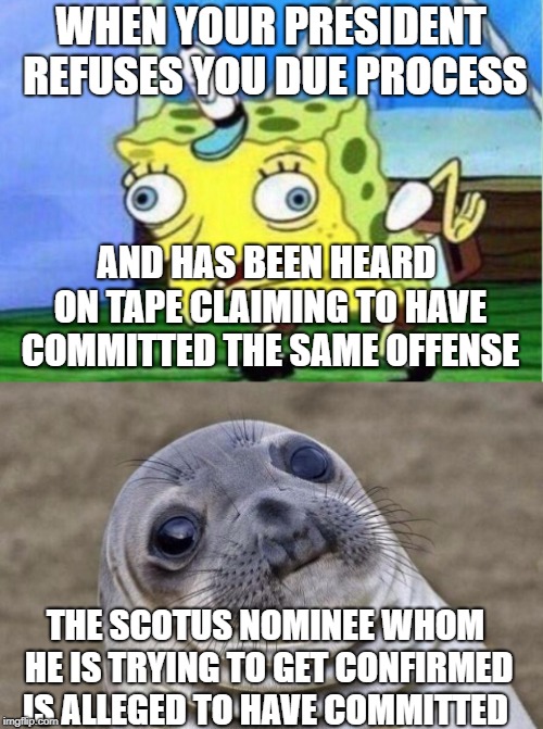 WHEN YOUR PRESIDENT REFUSES YOU DUE PROCESS AND HAS BEEN HEARD ON TAPE CLAIMING TO HAVE COMMITTED THE SAME OFFENSE THE SCOTUS NOMINEE WHOM H | made w/ Imgflip meme maker