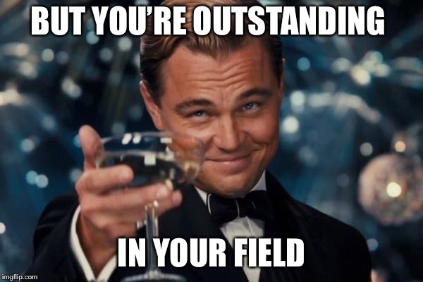 Leonardo Dicaprio Cheers Meme | BUT YOU’RE OUTSTANDING IN YOUR FIELD | image tagged in memes,leonardo dicaprio cheers | made w/ Imgflip meme maker