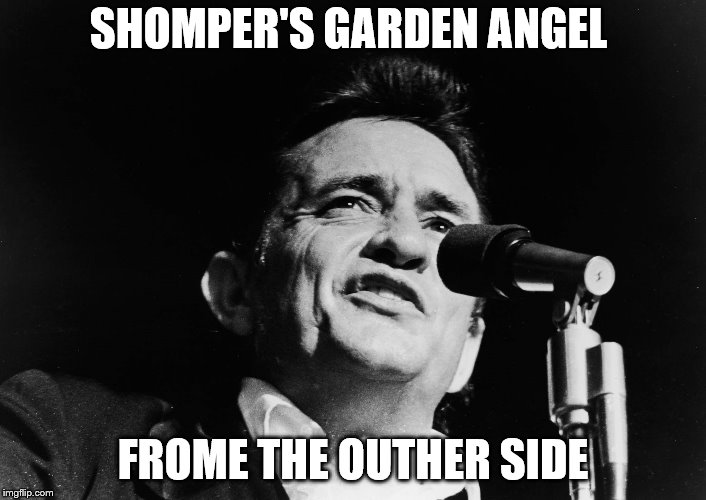 Johnny Cash for president | SHOMPER'S GARDEN ANGEL; FROME THE OUTHER SIDE | image tagged in johnny cash for president | made w/ Imgflip meme maker